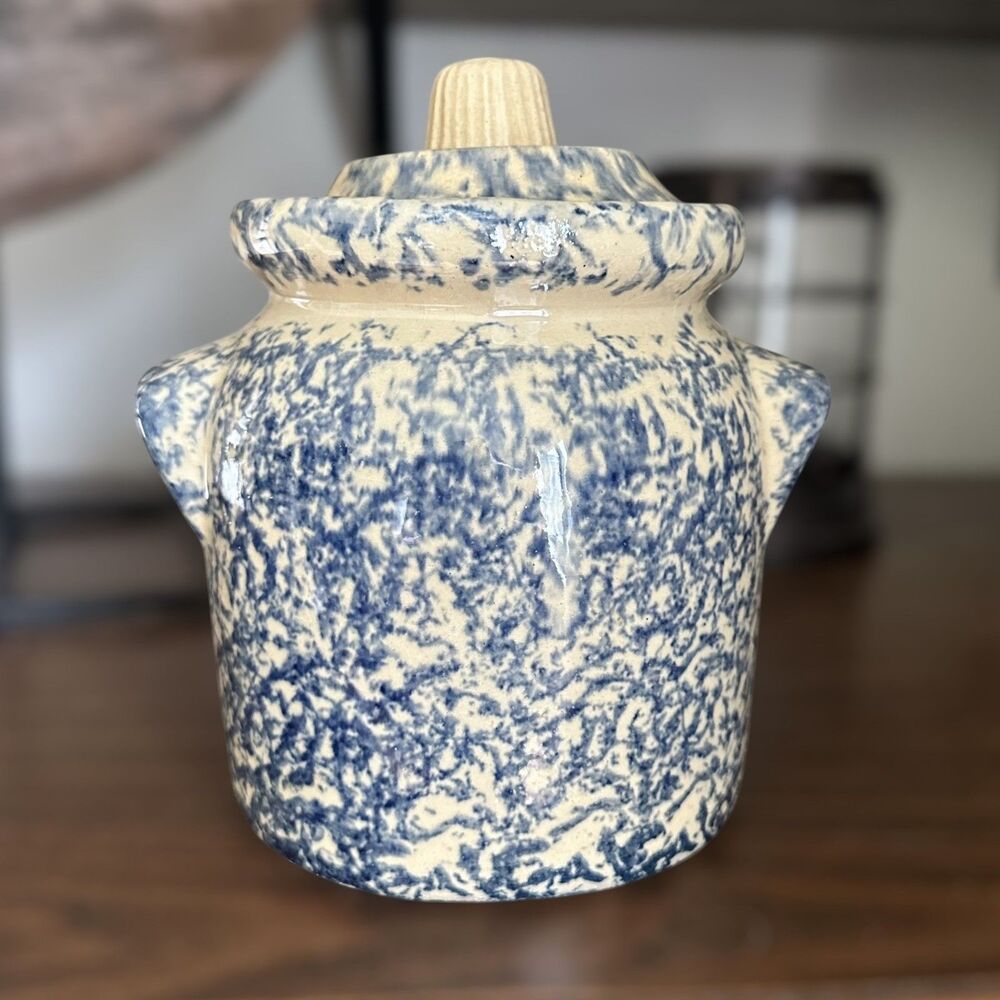 Robinson Ransbottom Pottery Roseville Blue Spongeware Canister Crock Jar W/ Lid